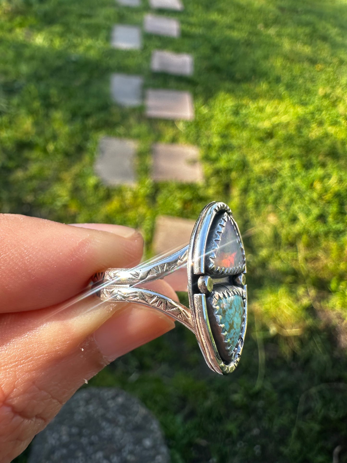 Crystal pipe opal and turquoise ring 1