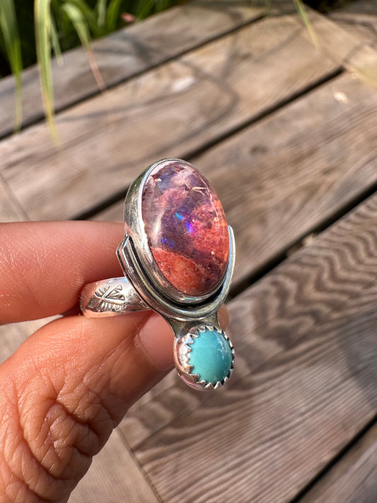 Turquoise and fire opal ring