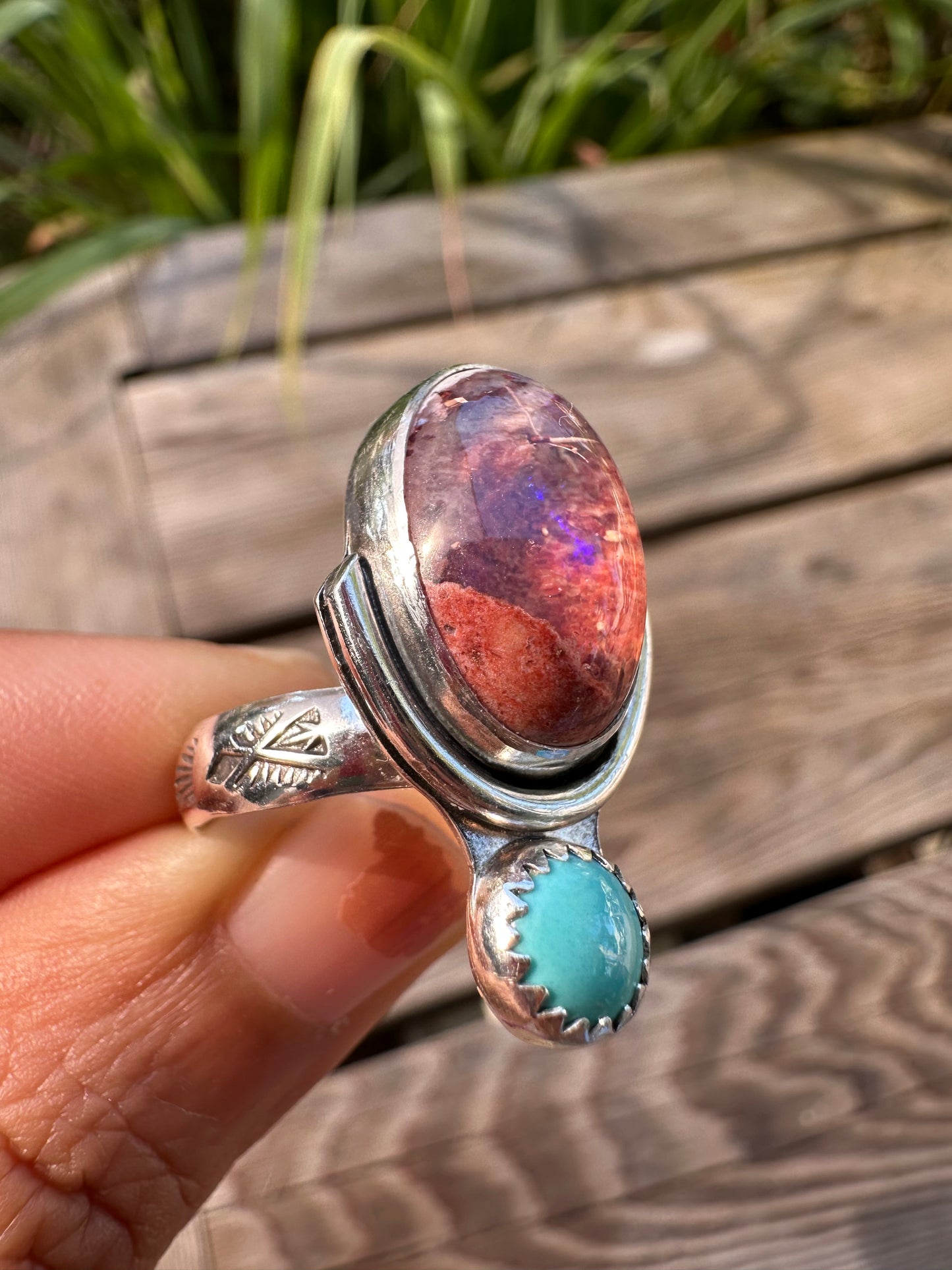 Turquoise and fire opal ring