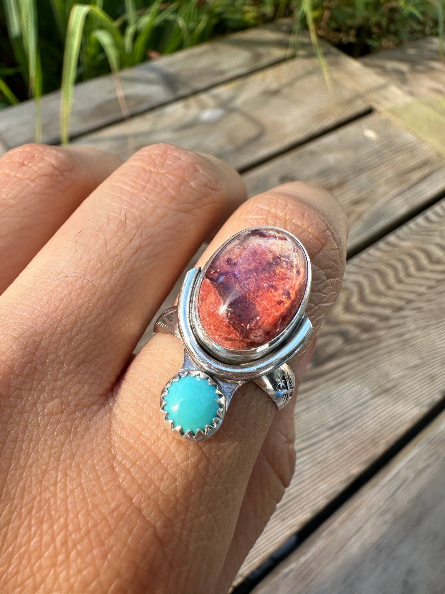 Turquoise and fire opal ring